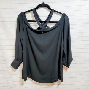 LOFT BLACK CHIFFON SHEER BLOUSE CRISS CROSS STRAP NECK DETAIL sz  SMALL
